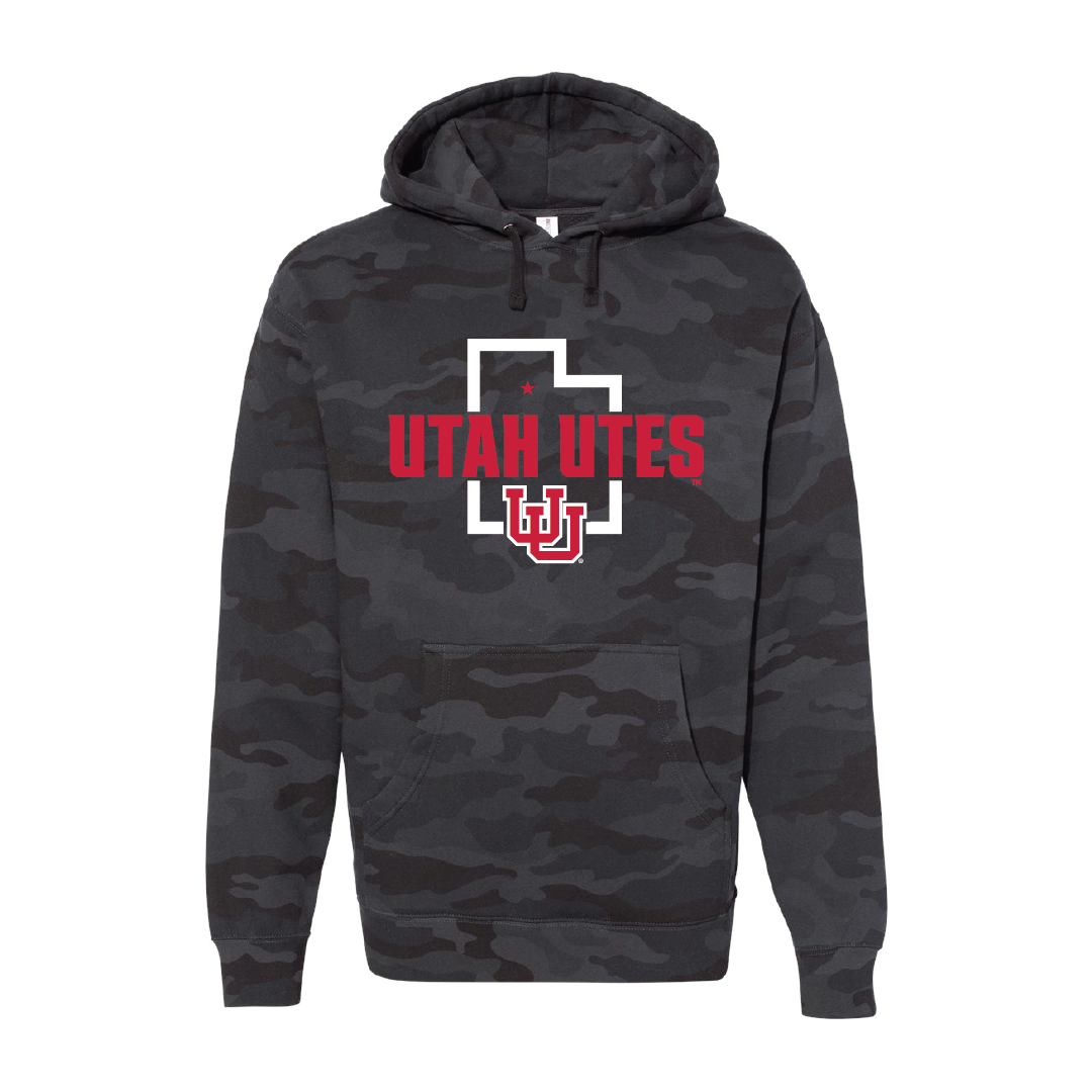 Utah Utes - State Outline - Interlocking UU  Embroidered Hoodie